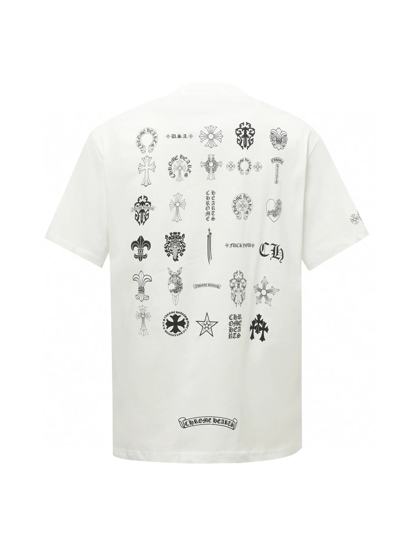 🅿️170 Chrome hearte/Chrome heart ch 25ss early spring new Sanskrit printed short-sleeved T-shirt. A must-have item for daily commuting for men and women in light luxury. The correct version is welcome to compare. Detailed features: ·280 grams of 100% pure cotton double yarn jersey fabric. ·Custom-dyed in the same vat with special thickened 32 counts of double-strand 1x1 thread. ·Double-needle cross-stitch technology. ·Original main mark washed hangtag. Color: black white. Size: XS-L
